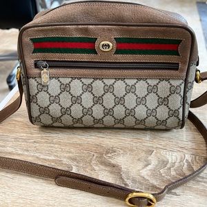 Gucci Ophidia Web Stripe Brown GG Supreme Canvas Leather Cross Body Hand Bag VTG